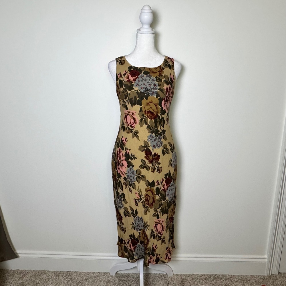 Vintage 90s silk floral midi fairy dress spring garden cottagecore country Sz 2